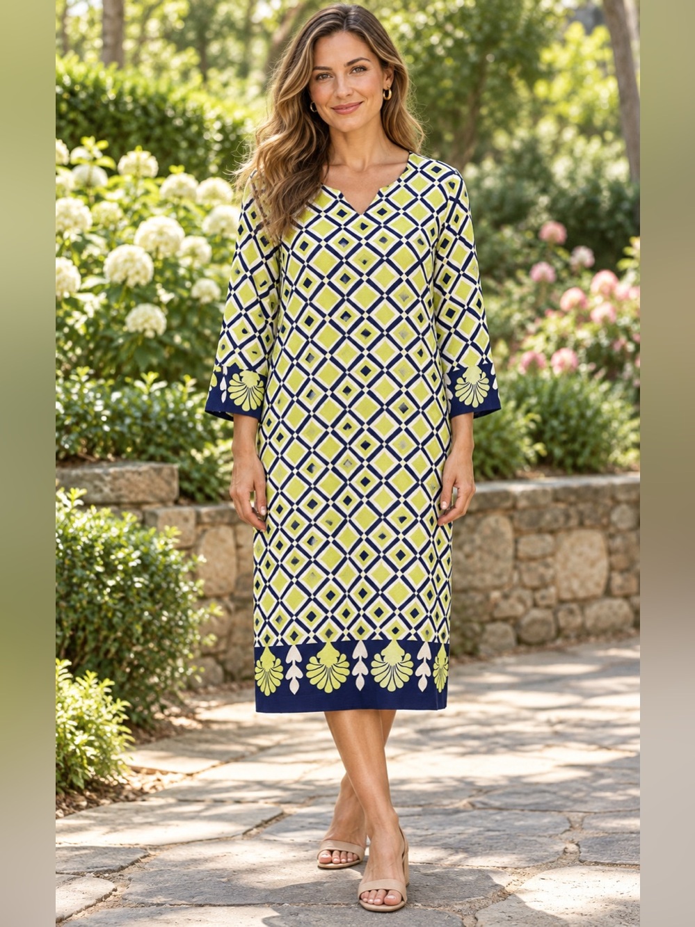 Buckhead Betties Navy & Lime Geometric Midi Dress – Large – BNWOT